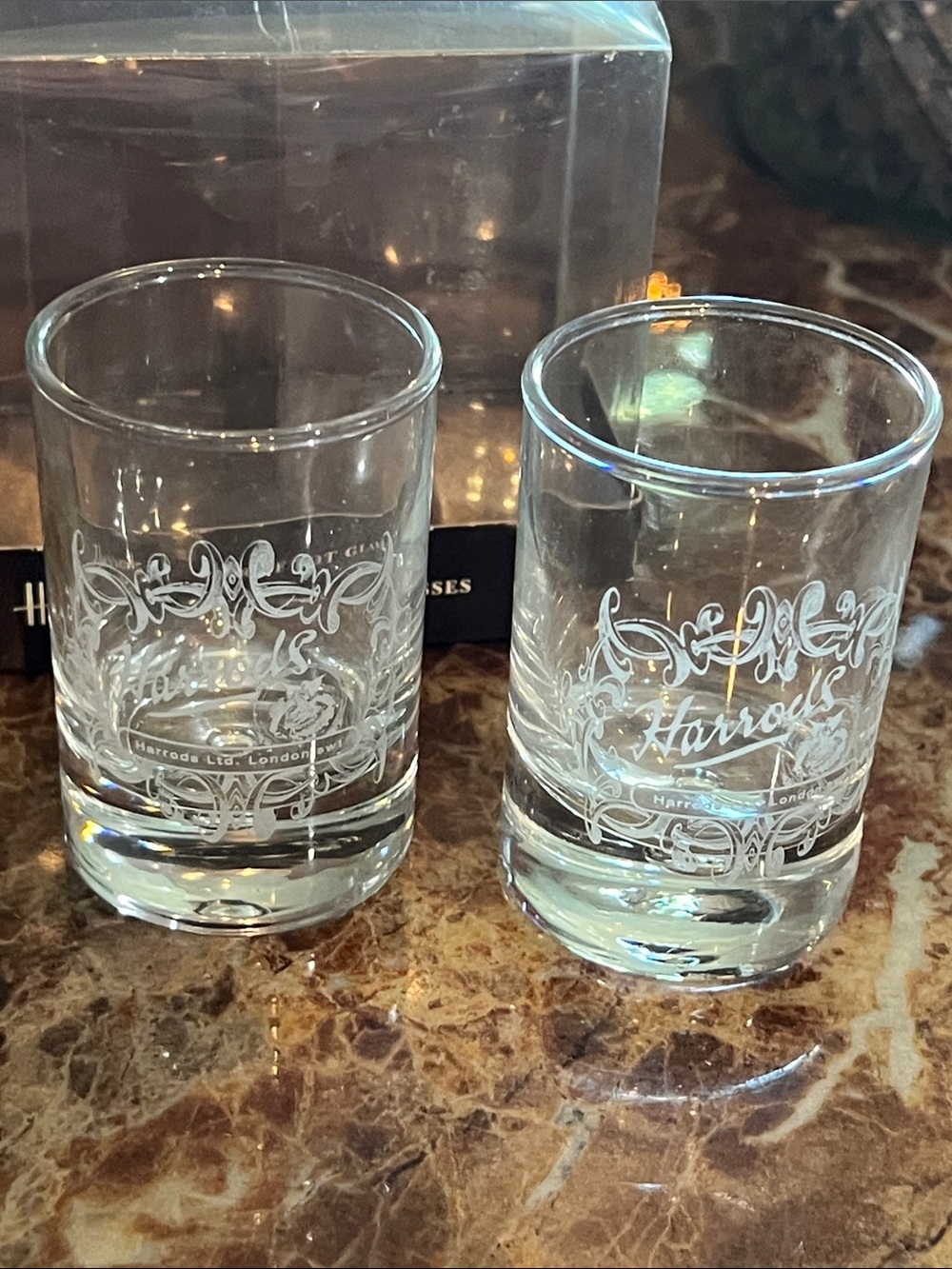 Vintage HARRODS Etched Glass Tot/Shot glasses /Original Box